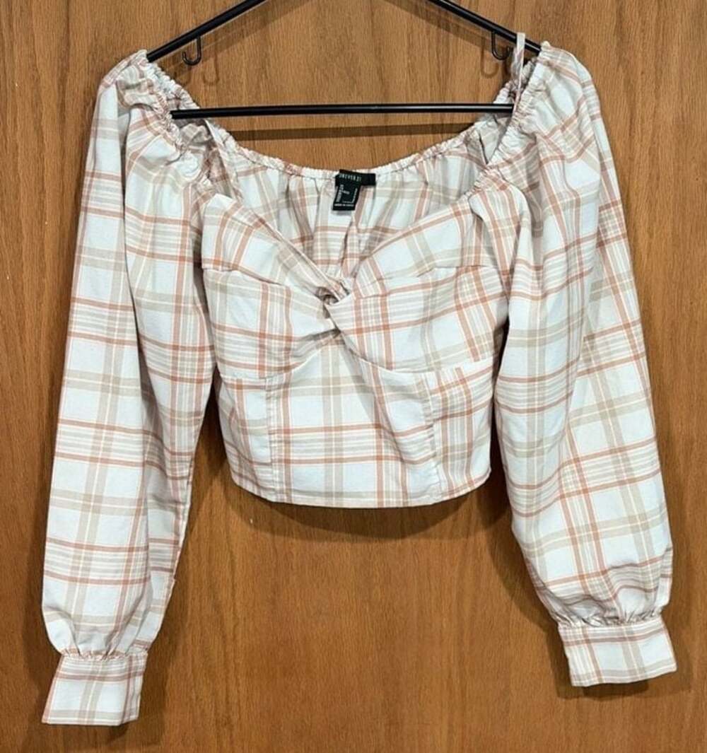 Forever 21 Women's Long Sleeve Off-The-Shoulder Plaid Cropped Top